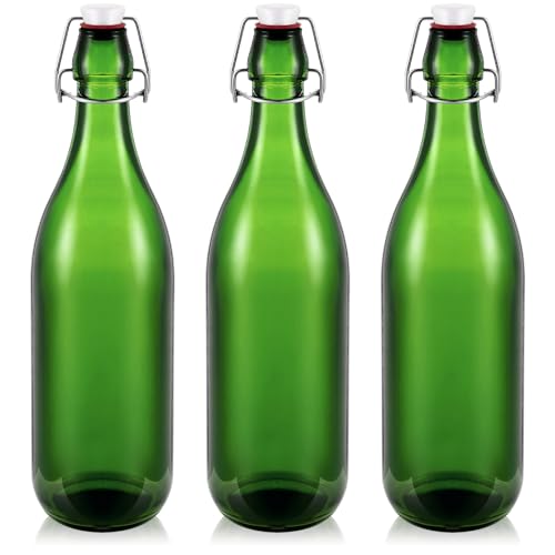 Teenyyou 3 Pcs Green Glass Bottle 1 L / 33.75 oz Decorative Bottles Green Swing Top Glass Bottles with Airtight Lid for Centerpieces Garden Decor, Bottle Tree - color: Green, size: 33.75oz