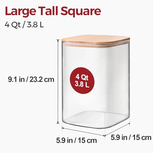 2-Pack 1 Gallon Square Glass Flour and Sugar Containers with Lids, Large Airtight Pantry Jars for Baking - Glass Canisters with Scoops & Labels for Bulk Food - size: 1gallon*2