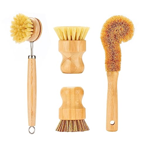 SAMEBUTECO Bamboo Dish Brushes Sets 4 Tools in One Kitchen Clean Dish Scrubber for Pots Pans Bottles with Natural Bristles (Bamboo Brushes Sets)
