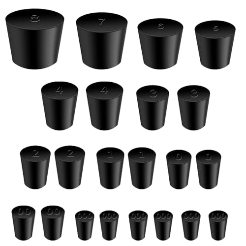 Rubber Stopper - 22 Pcs Solid Rubber Stoppers,11 Assorted Sizes 000# - 8# Tapered Lab Seal Rubber Stoppers - color: Black