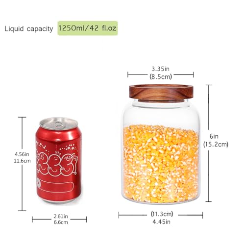 Glass Storage Jars with Airtight Lids, Set of 2 42 FL OZ (1250ml) coffee container with Wooden Lid, Glass Pantry Canister for Beans, Rice, Sugar and etc (6.3 inch high)