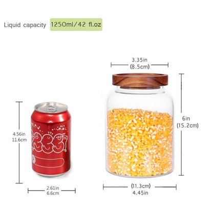 Glass Storage Jars with Airtight Lids, Set of 2 42 FL OZ (1250ml) coffee container with Wooden Lid, Glass Pantry Canister for Beans, Rice, Sugar and etc (6.3 inch high)