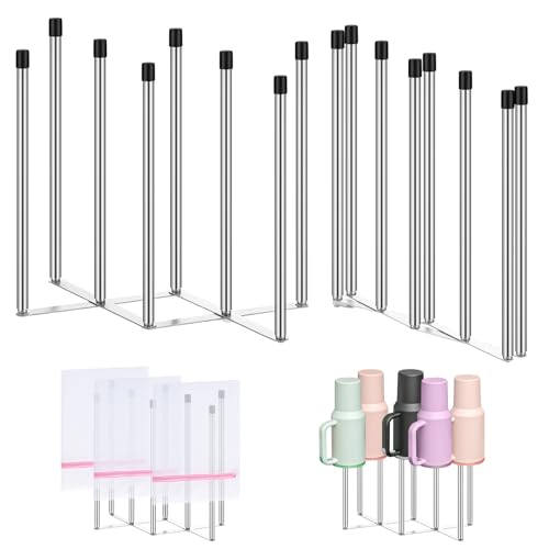 2 Pcs Foldable Bottle Drying Rack Stainless Steel Plastic Bag Drying Racks with Silicone Caps 8 Poles Space-Saving Countertop Organizer Dryer Rack for Cup Water Bottles Dish Plate Bag