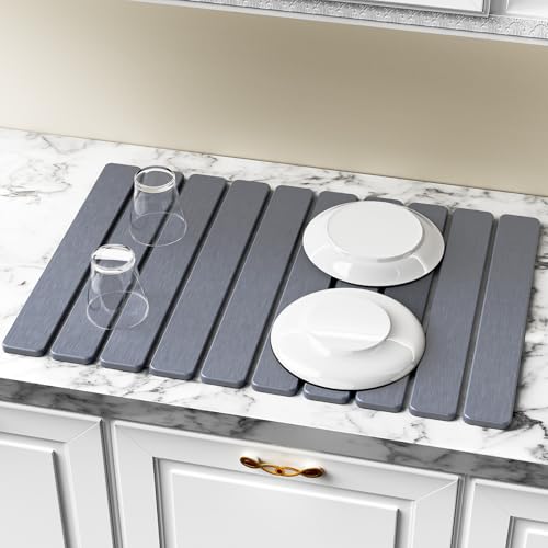 Large Stone Dish Drying Mat for Kitchen Counter, 24"(L)×16"(W), Collapsible Quick Dry Stone Dish Mats, Super Absorbent Diatomaceous Earth Drying Pad for Dishes Bottles Cups, Countertops (Black Grey) - color: Black Grey