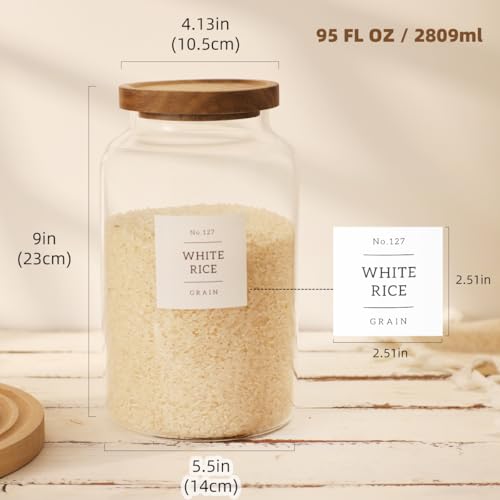 2 Pack Large Glass Flour and Sugar Storage Containers with Airtight Acacia Lids and 132 Kitchen Pantey Labels Preprint - 95 LF OZ Borosilicate Glass Canister Sets for Food,Spaghetti,Cookie,Rice - size: 95oz-2 Pack