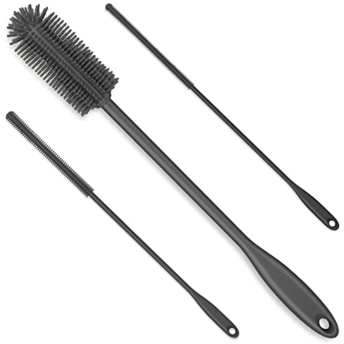 3-in-1 Silicone Bottle Brush and Straw Cleaning Brush Set, Water Bottle Cleaner for Narrow Neck Containers, Tumblers, Flask, Vase and Glassware (Charcoal) - color: Charcoal