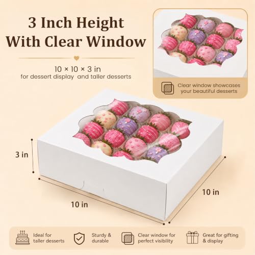 NPLUX 20 Pack Pie Boxes 10x10x3inch Bakery Boxes with Window Dessert Pastry Box for Pies,Cheesecakes and Chocolate Covered Strawberries, Graduation Gifts Party Favors(White) - color: White