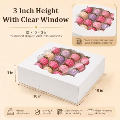 NPLUX 20 Pack Pie Boxes 10x10x3inch Bakery Boxes with Window Dessert Pastry Box for Pies,Cheesecakes and Chocolate Covered Strawberries, Graduation Gifts Party Favors(White) - color: White