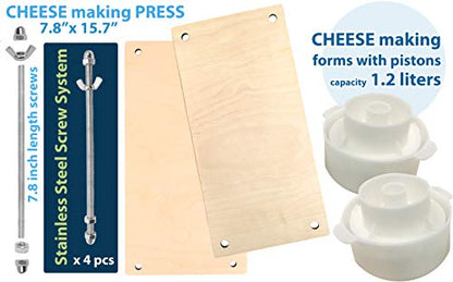 Wooden Cheese Press for Cheese Making Supplies 16in Metal Guides and 2 pcs Cheese Mold with Follower Piston 1.3Qt - large Home Supply Ultimate Cheese Press Machine - Prensa Para Queso Casero