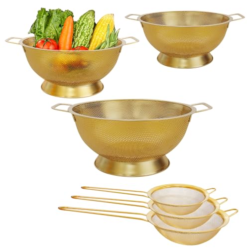 3 Pcs Stainless Steel Gold Colander and 3 Pcs Fine Mesh Strainer Set,1/3/5 Quart Metal Mesh Basket with Handles for Kitchen, Draining Pasta, Rinsing Fruit, and Cooking (Gold)