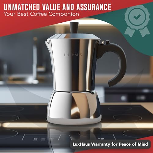 LuxHaus 9 Cup Moka Pot (2oz each cup - 18oz total) Stovetop Espresso Maker - Stainless Steel Italian and Cuban Mocha Coffee Maker - size: 9 Cup