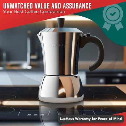 LuxHaus 9 Cup Moka Pot (2oz each cup - 18oz total) Stovetop Espresso Maker - Stainless Steel Italian and Cuban Mocha Coffee Maker - size: 9 Cup