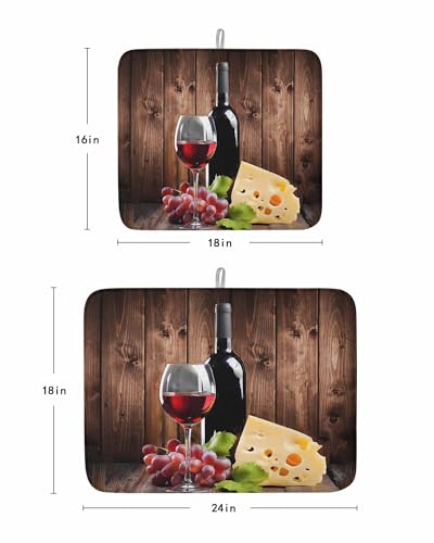 Wine Cheese Dish Drying Mat, Grapes Farmhouse Brown Wooden Plank Absorbent Dish Drying Matt Pad for Kitchen Countertops, Sinks, Dish Drainer Racks, Large 18x24in 1PC - size: 24" x 18"