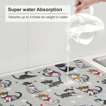 Pet Lover Cat Dish Drying Mat For Kitchen Counter, Super Absorbent Microfiber Dish Drying Pad, Kitchen Gadgets For Easy Clean Multi-Use Large 18"x24" - color: Pet Lover Cat