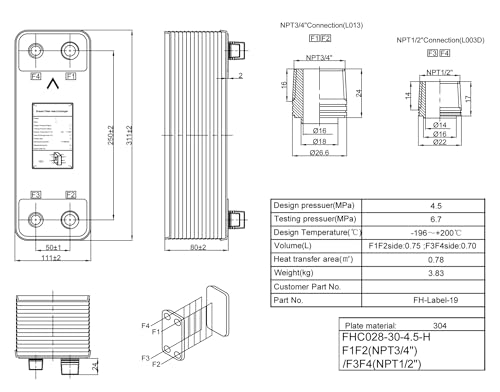 Female Thread Plate Wort Chiller Version 0.78m2 Heat Transfer 30 Plates SUS304 Stainless Steel Brazed Plate Heat Exchanger