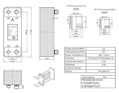 Female Thread Plate Wort Chiller Version 0.78m2 Heat Transfer 30 Plates SUS304 Stainless Steel Brazed Plate Heat Exchanger