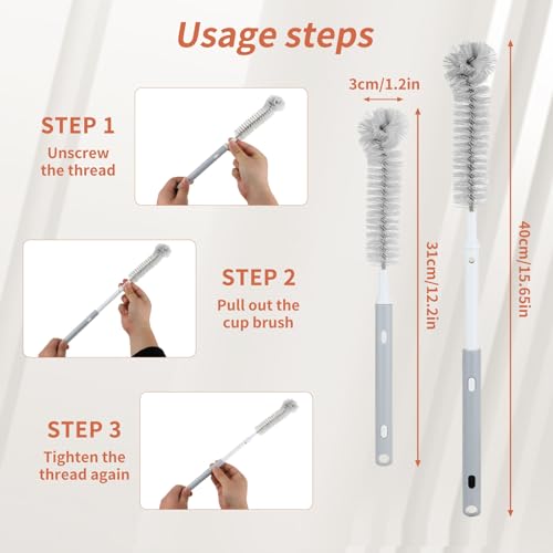 Adjustable Bottle Brush Set with Straw Cleaners & 2 Hooks 15.6" | Extends up to 15.6” to clean narrow bottles & coffee makers Pack includes fixed handle brush, straw brushes & hooks