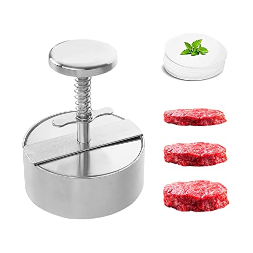 Adjustable Burger Press Stainless Steel Hamburger Patty Maker Non Stick Burger Maker Smash Burger Mold for Veggie Meat Beef Pork Lamb Cheese Halal BBQ Barbecue Grill - with 100 Wax Paper