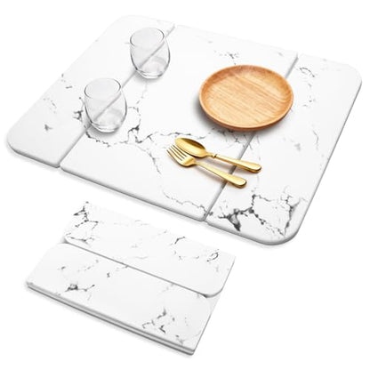 Stone Drying Mat for Kitchen Counter, Foldable Quick-Dry Dish Drying Mat, Water-Absorbent Marble Diatomaceous Earth Mats for Dishes, Cups & Bottles on Any Countertop(20"x16")