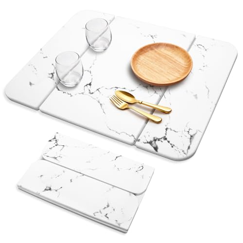 Stone Drying Mat for Kitchen Counter, Foldable Quick-Dry Dish Drying Mat, Water-Absorbent Marble Diatomaceous Earth Mats for Dishes, Cups & Bottles on Any Countertop(20"x16")