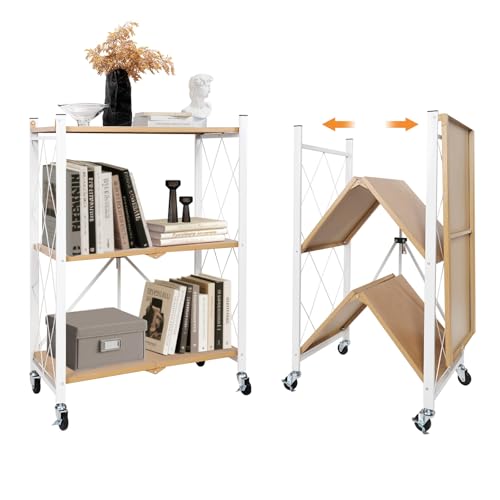 3 Tier Folding Shelf with Wheels, Metal Steel Collapsible Shelves, Folding Bookshelf no Assembly, Portable Folding Storage Shelves, Rolling Standing Utility Rack for Kitchen, Office, Bedroom, Natural - color: Natural, size: 3 Tier