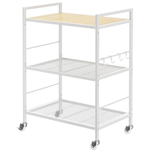 3-Tier Metal Storage Rack with Industrial Wheels,Mesh Shelving Unit with Wooden Table top,Adjustable Shelf,23.6-Inch Width,15.8-Inch Depth, for Kitchen, Laundry,Pantry,Plant,white - color: Oak Panel, size: 3 Tier (23.6"W x 15.8"D)