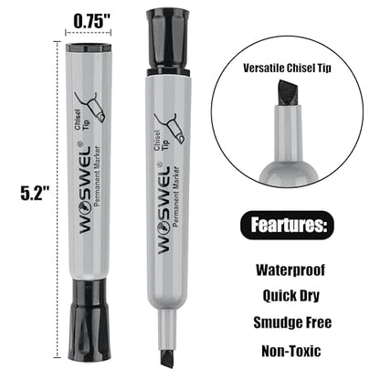 WOSWEL 50 Pack Permanent Markers Bulk, Chisel Tip, Black, Jumbo Thick Large Permanent Markers, Wide Tip Markers, Works on Plastic,Wood,Stone,Metal and More, Perfect for Signs and Posters