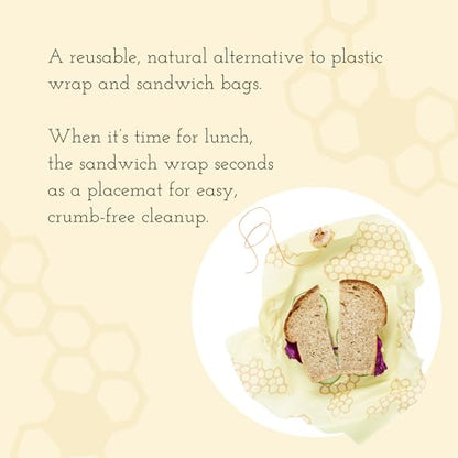Bee's Wrap Beeswax Sandwich Wrap - Beeswax Lunch Wrap with Button & Tie - Plastic Free Made in USA Reusable Natural Food Wrap - Honeycomb - style: Sandwich Wrap Honeycomb