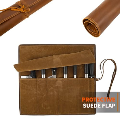 Genuine Leather Knife Roll, Knife Bags for Chefs Professional, Small Chef'S Knife Case Holder, Knives Holders Protectors with 7 Slots - color: 7 Slots Dark brown
