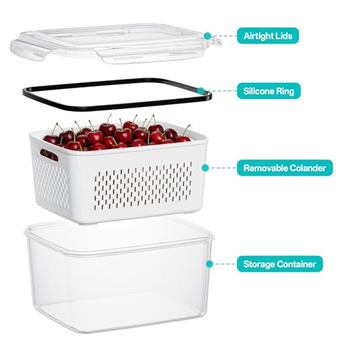 HOMETALL 5 Pack Fruit Storage Containers for Fridge Set, Fruit Washing Bowl with Strainer, Reusable Fridge Organizers and Storage for Berry Salad Lettuce, Size 4.5, 3.4, 1.8, 0.9, 0.4QT - size: 5PCS