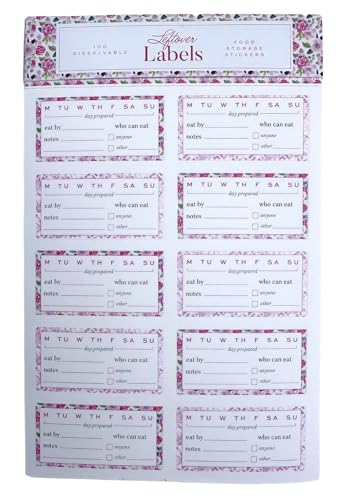 Dissolvable Food Storage Labels – 100 Stickers (1.25” x 2.5”) in 9" x 5.75" Booklet – Leftover Labels for Meal Prep, Freezer, Refrigerator, Removable, Writable, Kitchen Organization (Pink Floral)