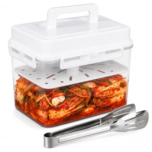 Kimchi Fermentation Container, Automatic Press Plate Sauerkraut Jar, Airtight Plastic Food Storage Container with Hidden Handle, Kimchi Making Kit, Clear Pickle Box for Home Kitchen, 5L/1.32gal