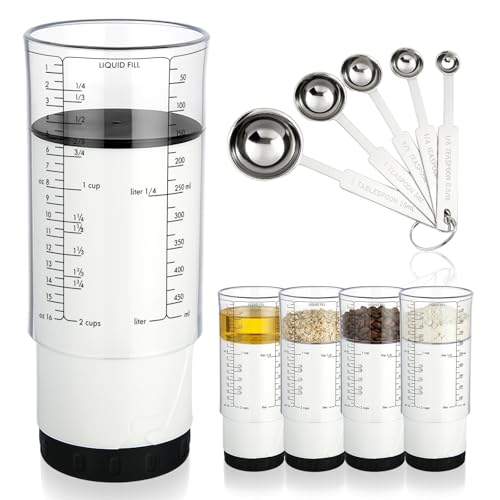 6 Pcs Adjustable Measuring Cups Set Includes 2 Cup Push up Measuring Cup and 5 Measurings Spoon for Peanut Butter 4 in 1 Liquid Dry Semi Solid Ingredient Home Cooking Tool - size: 2 cups