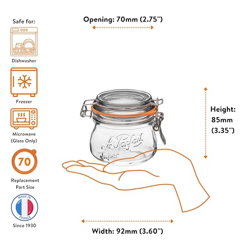 Le Parfait Super Jar 250mL (8oz) French Glass Preserving Jar w/Airtight Rubber Seal & Wire Bail Closure - BPA-Free Canning Jar for Pickles, Fruit, Sauces & Food Storage - Made in France Since 1930 6PK - color: 08oz (Set/6)