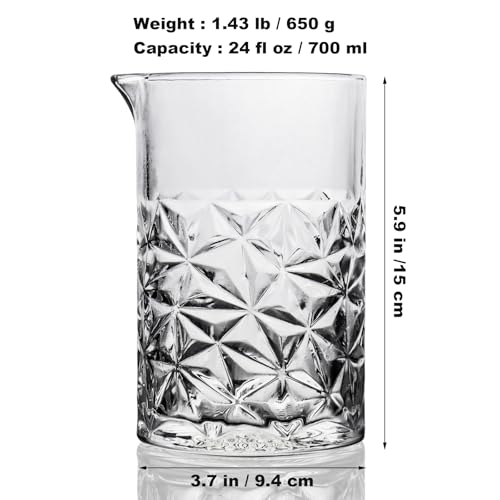 Cocktail Mixing Glass Kit, Bartender Gifts for Men | 24 OZ Crystal Stirring Glass with 304 Stainless Steel Bar Tools – 2 OZ 1 OZ Jigger, Muddler, Strainer, Spoon, Recipe