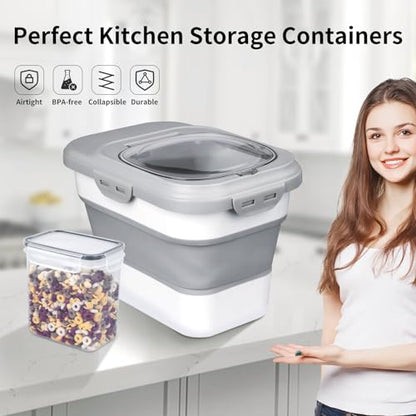Komzon Rice Storage Container, Collapsible Airtight Food Storage Containers 6-20 Lbs, Rice Dispenser with Measuring Cup and Small Bin for Flour Cereal Pasta Grain, Cat Pet Dog Bird Food Container - color: Gray