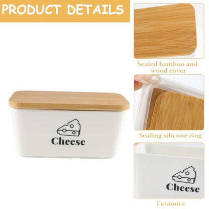 Cheese Container for Refrigerator,Shredded Cheese Container with Bamboo Lid,Ceramic Cream Block Sliced Cheeses Storage Box,Grated,Cheddar Cheeses Saver for Fridge,Kitchen Organizer