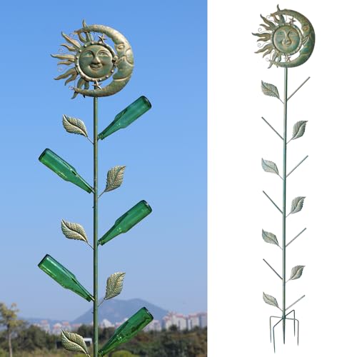 71" H Moon & Sun Face Glass Bottle Tree/Wine Bottle Trees for the Garden Outsides Decorative Bottles Holder for Outside Party andscape Decoration - color: Yellow-f