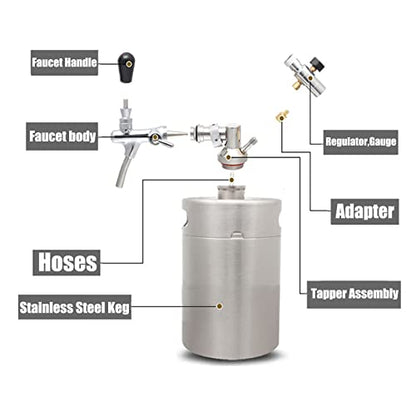 Portable Draft Keg System Stainless Steel Keg Mini Keg Draft System Stainless Steel Portable Mini Keg Dispenser Pressure Regulator Craft Beer Draft Home Brew,5L