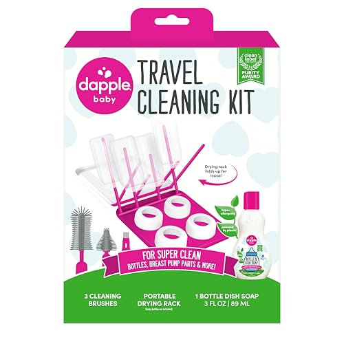 Dapple Baby Travel Cleaning Kit - 5 Piece- Baby Bottle & Dish Soap, Bottle Brushes, and Drying Rack - Newborn Essentials - size: Travel Kit (Pack of 1)