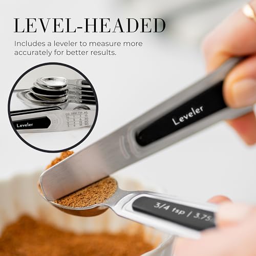 Stainless Steel Magnetic Measuring Spoons Set - 8-Piece Heavy Duty Metal, BPA-free, Stackable, Double Sided Measuring Spoons with Leveler for Dry and Liquid Ingredient - Fits in Spice Jars - color: Black & Silver