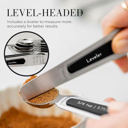 Stainless Steel Magnetic Measuring Spoons Set - 8-Piece Heavy Duty Metal, BPA-free, Stackable, Double Sided Measuring Spoons with Leveler for Dry and Liquid Ingredient - Fits in Spice Jars - color: Black & Silver