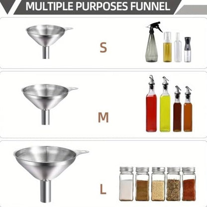 3-Pack Stainless Steel Funnel Set - Small Mouth Funnels for Wine, Oil, Liquor & Kitchen Liquids, Food Grade Metal Funnels for Efficient Pouring, Dishwasher Safe Bar & Home Accessories