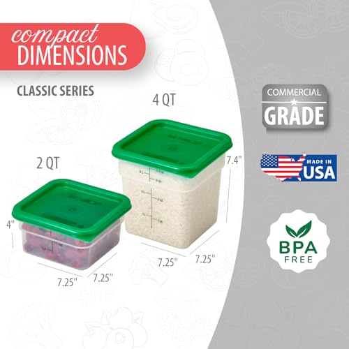 Cambro Food Storage Container with Lid (Microwave Safe and BPA-Free) - 2 Pack - Classic Series Square with Green Lid - 2 and 4 QT (Quart) - Commercial Grade for Food Prep (Translucent) - size: 2 and 4 QT + Lid