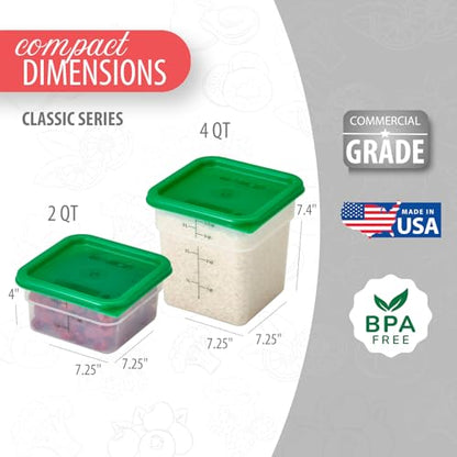 Cambro Food Storage Container with Lid (Microwave Safe and BPA-Free) - 2 Pack - Classic Series Square with Green Lid - 2 and 4 QT (Quart) - Commercial Grade for Food Prep (Translucent) - size: 2 and 4 QT + Lid