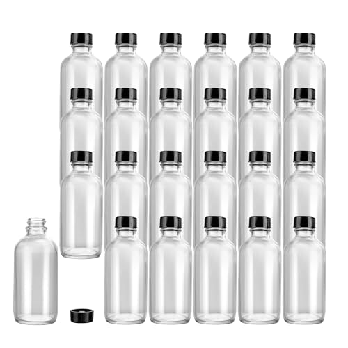 Restaurantware Vetri 4 Ounce Boston Glass Bottles, 24 Sample Bottles With Black Phenolic Caps - Dishwashable, Round, Clear Glass Bottle, For Potion, Juice, Ginger Shots, Whiskey, Liquids - color: Clear, size: 4 oz