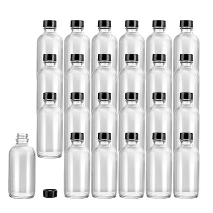 Restaurantware Vetri 4 Ounce Boston Glass Bottles, 24 Sample Bottles With Black Phenolic Caps - Dishwashable, Round, Clear Glass Bottle, For Potion, Juice, Ginger Shots, Whiskey, Liquids - color: Clear, size: 4 oz