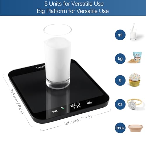 Vitafit 33lb Food Scale, High Accuracy 0.1oz by Our Professional Scale Factory Since 2001, Digital Kitchen Scales Weight Grams and Ounces for Cooking & Baking, 8.5x7.1in Platform, 3 AAA Battery, Black - color: Black Tempered Glass
