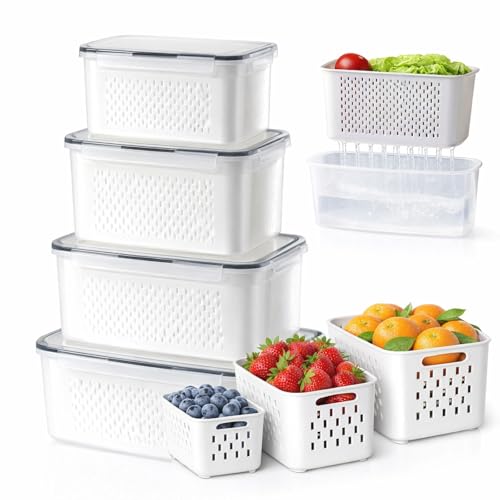 4-in-1 Produce Saver Containers - Fresh Berry Keeper with Removable Colander & Airtight Lid - Stackable Fruit and Vegetable Fridge Organizer Bins - BPA-Free Plastic Food Storage (4pcs) - color: 4pcs
