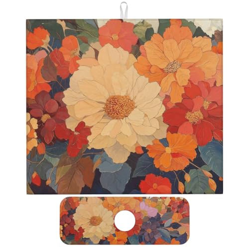 Colorful Floral Dish Drying Mat for Kitchen Counter, 16"x18" Microfiber Absorbent Fast Dry Mat, 2Pcs Dish Mat Faucet Mats Sets, Large Drying Kitchen Mat Kitchen Drying Pad Coffee Bar Decor Gifts - color: Colorful Floral, size: 16"X18"